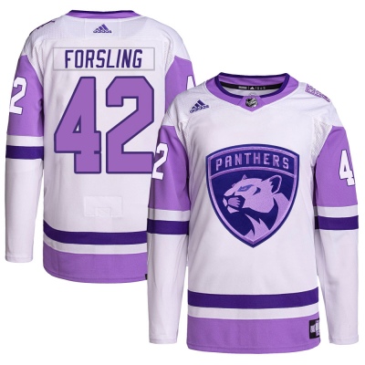 Men's Gustav Forsling Florida Panthers Adidas Hockey Fights Cancer Primegreen Jersey - Authentic White/Purple