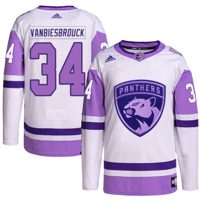 Men's John Vanbiesbrouck Florida Panthers Adidas Hockey Fights Cancer Primegreen Jersey - Authentic White/Purple