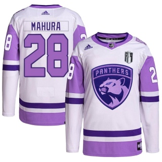 Men's Josh Mahura Florida Panthers Adidas Hockey Fights Cancer Primegreen 2023 Stanley Cup Final Jersey - Authentic White/Purple