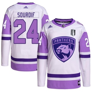 Men's Justin Sourdif Florida Panthers Adidas Hockey Fights Cancer Primegreen 2023 Stanley Cup Final Jersey - Authentic White/Pur