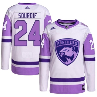 Men's Justin Sourdif Florida Panthers Adidas Hockey Fights Cancer Primegreen Jersey - Authentic White/Purple