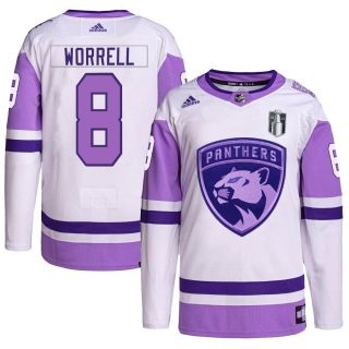 Men's Peter Worrell Florida Panthers Adidas Hockey Fights Cancer Primegreen 2023 Stanley Cup Final Jersey - Authentic White/Purp