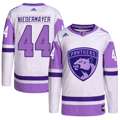Youth Rob Niedermayer Florida Panthers Adidas Hockey Fights Cancer Primegreen Jersey - Authentic White/Purple